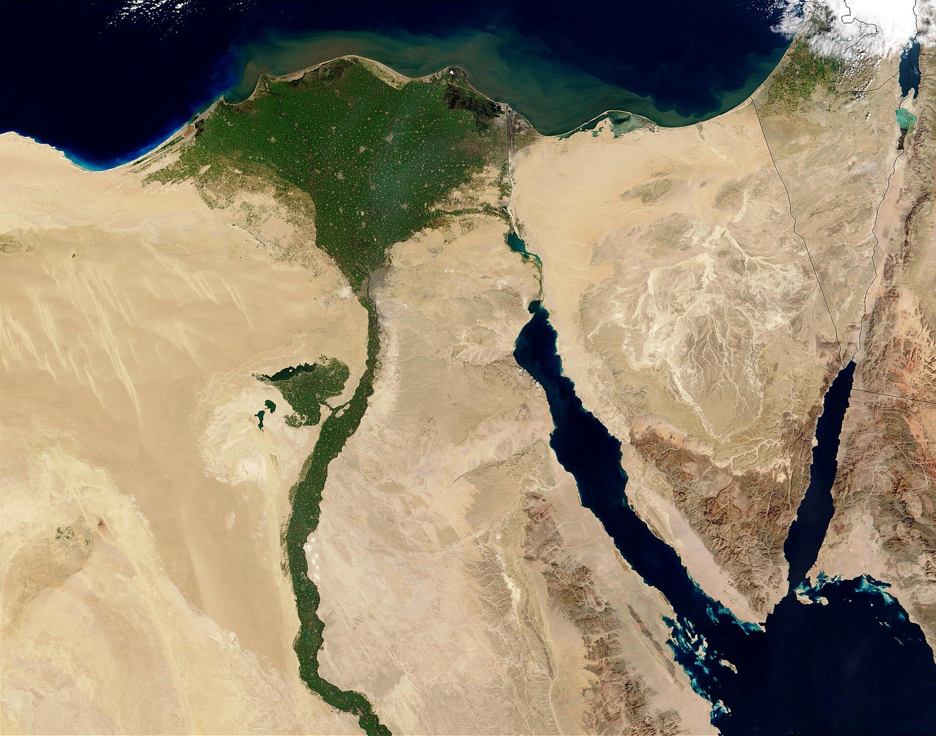 Satellite view of Egypt with the Nile valley and the Sinai Peninsula