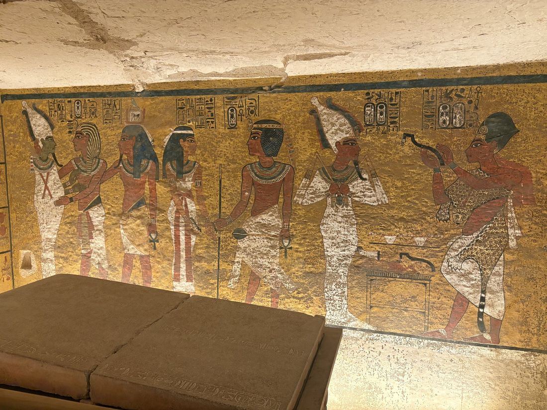Painted wall of Tutankhamun's burial chamber in his tomb in the Valley of the Kings